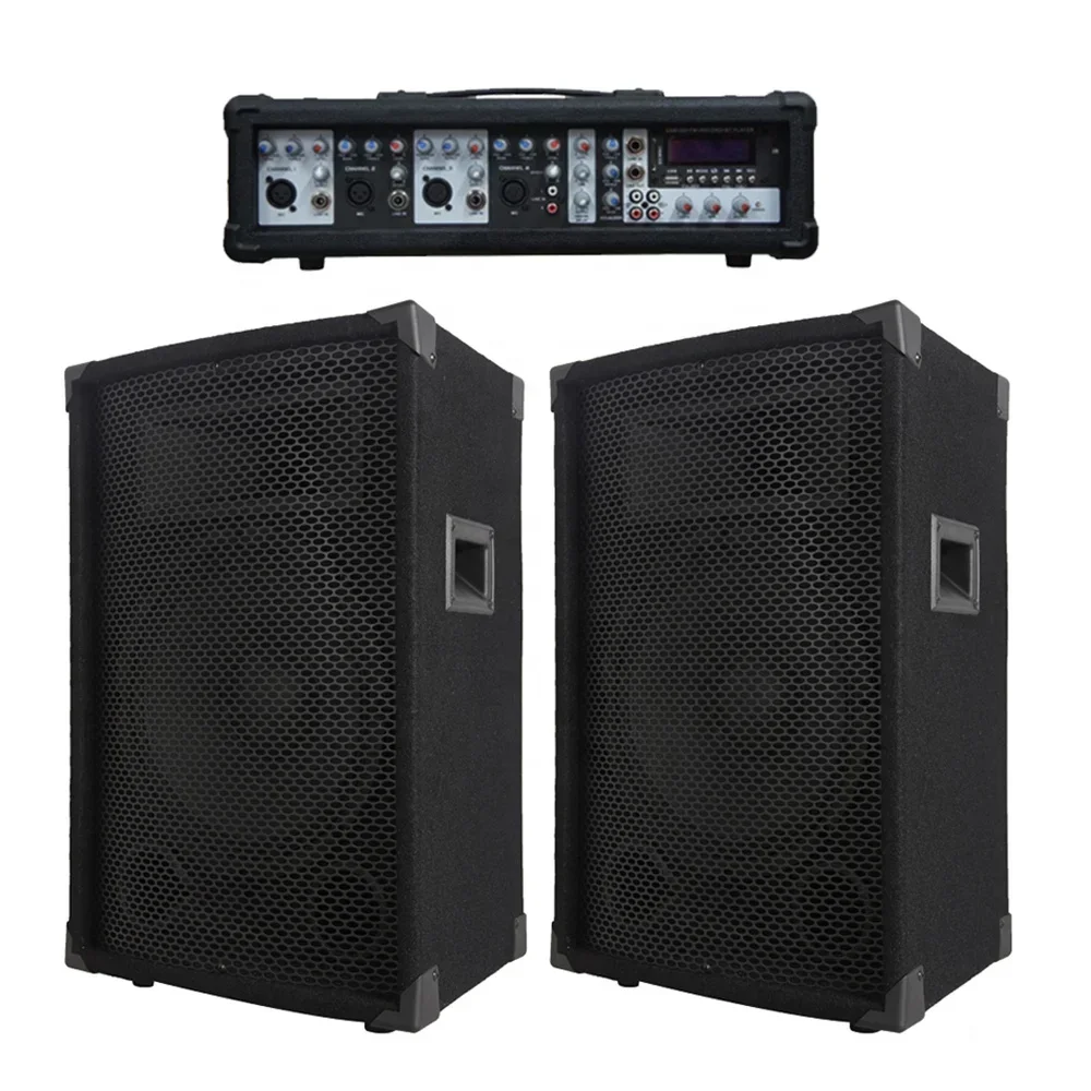 Professional audio 1200W 2X15"Subwoofer PA speaker system BT TWS karaoke sets 4  channel powered mixer Sound box bocina parlant