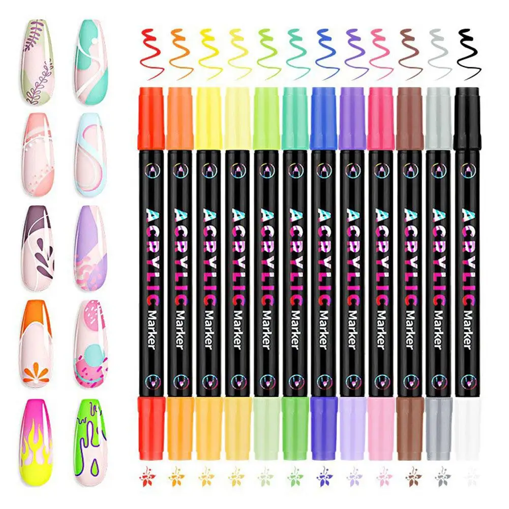 Dual Tip Nail Art Pen Set Quick Dry Waterproof Acrylic Paint Pen 12Pcs 24 Colors Double Head Brush For DIY Nail Tips Painting