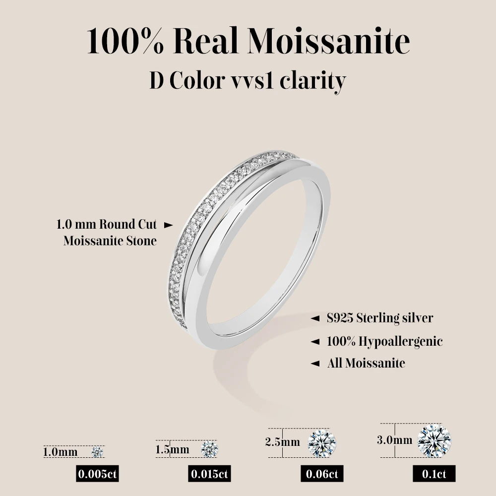 ATTAGEMS 100%925 Silver Moissanite Line Two Circle Rings 18k Gold Plated Simple Stackable Ring For Women Engagement Fine Jewelry