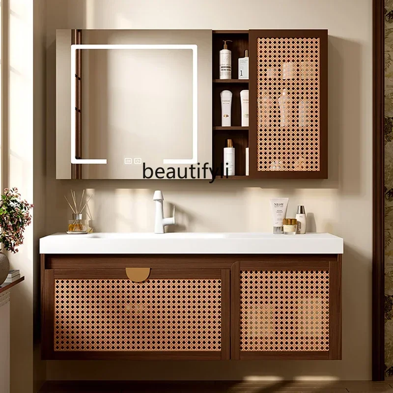 Z.Japanese-Style Rattan Stone Plate Whole Washbin Oak Bathroom Cabinet Combination Washstand