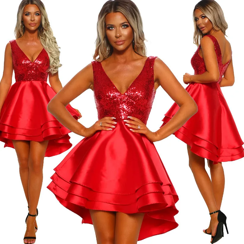 

Women's sexy V-neck sequined front short back long dress formal dress