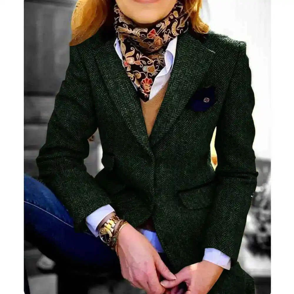 Vintage Woolen Women Blazer Classic Single Breasted Jacket Slim Fit Customized Causal Formal Dress