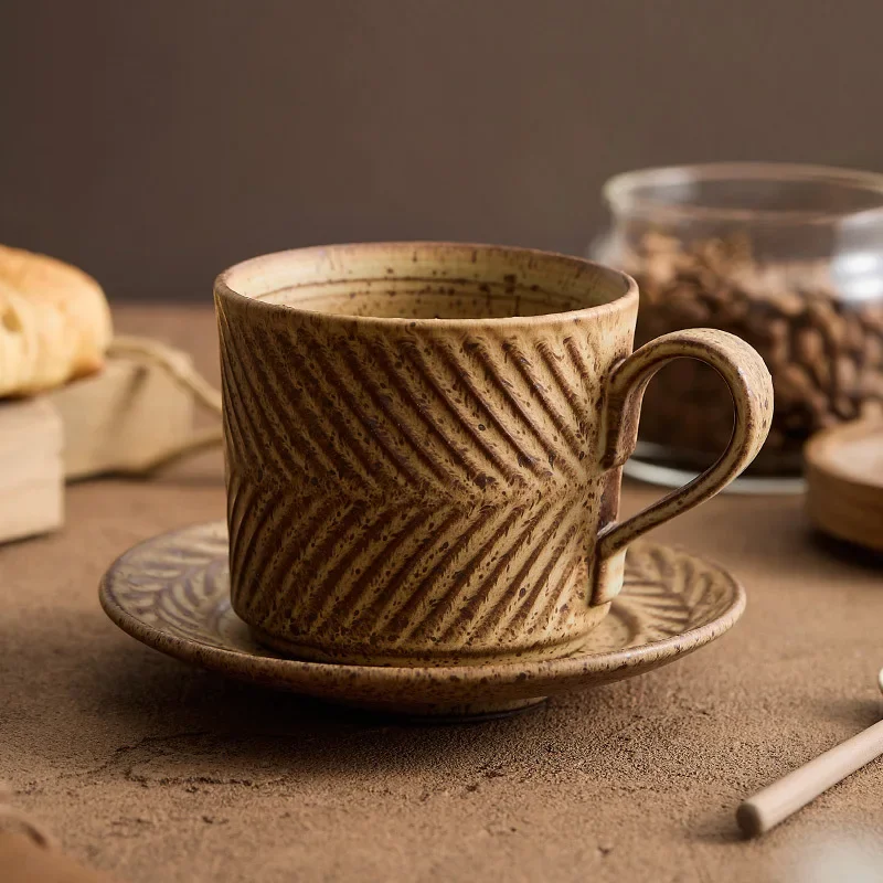 Aesthetic Afternoon Tea Essential: Retro Mimosa Ceramic Set (Coffee Mug + Saucer + Spoon, Mid-Century Style)