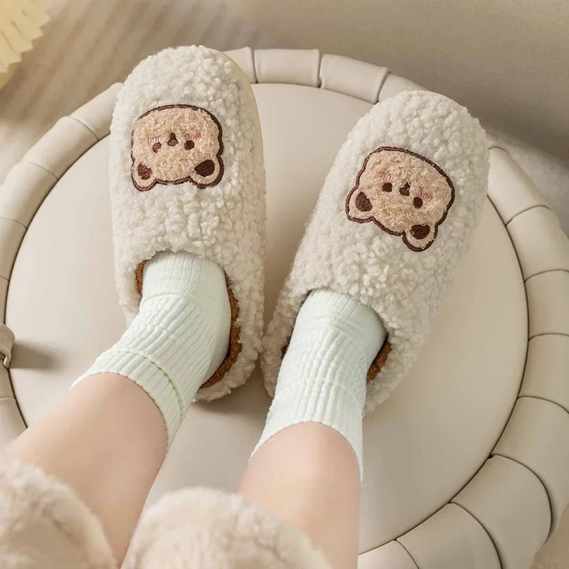 Plush Slippers Cartoon Bear Fur  Winter Warmth Women  Non Slip Household Shoes Indoor Couple Cotton Slippers