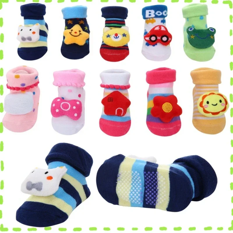 READY STOCK 0-12months Newborn New Cartoon Anti-skid Three-dimensional Doll Baby Socks Striped Dot Cute Children\'s Socks