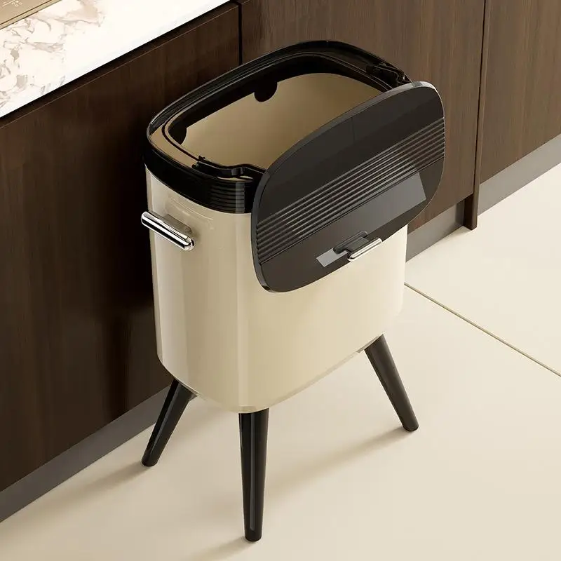

[THG] No-Bend High-Leg Trash Can With Press-to-Open Lid - Large Capacity Oval Kitchen & Living Room Bin, Durable Plastic