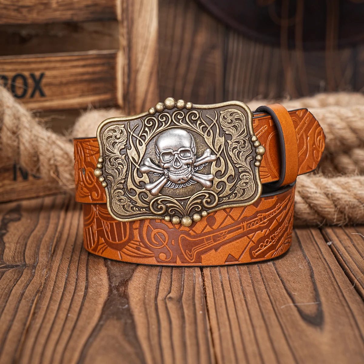 Western Cowboy PU Leather Belt - Men Waist Strap Bull Decoration Floral Engraved for Jeans