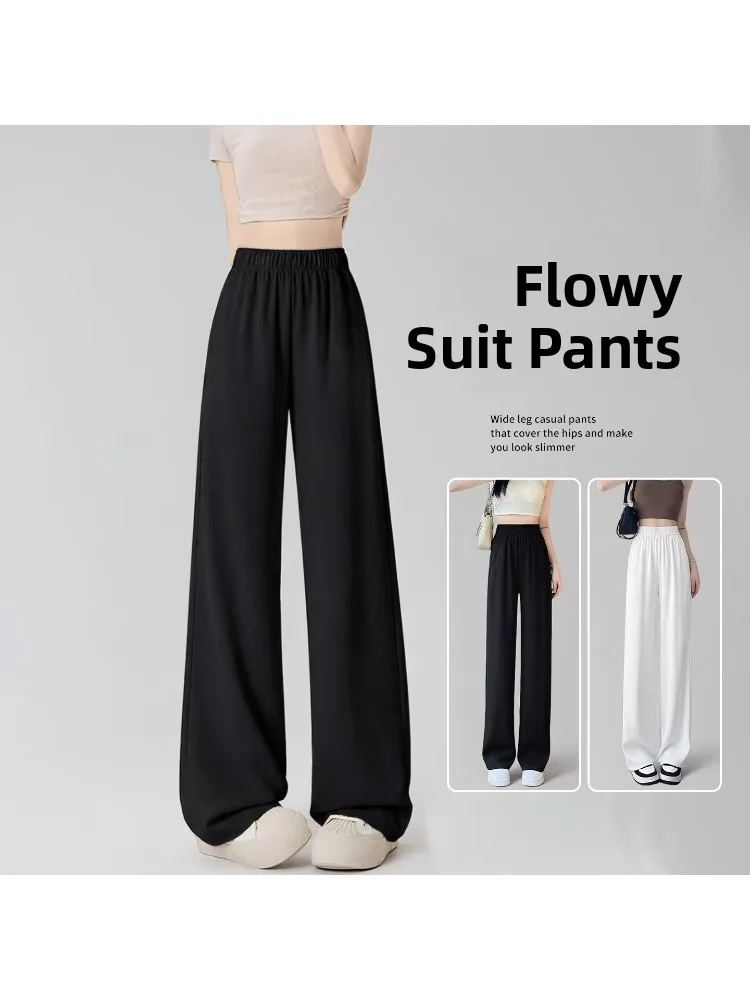 

plus Size Women's Black Ice Silk Wide Leg Pants Summer Thin Hanging Sensation Casual Elastic Waist Slim Straight Leg Suit Pants