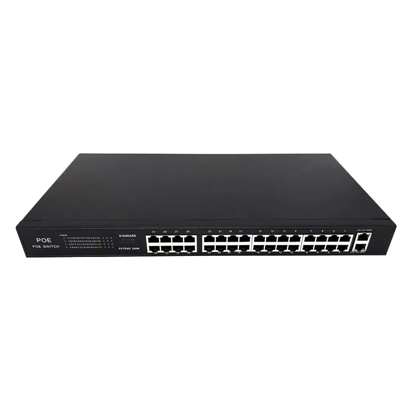 Industrial OEM ODM Openwrt PoE Switch 32FE PoE 2GE Uplink 400W Power Supply Wide Temperature Minus 10 to 55C