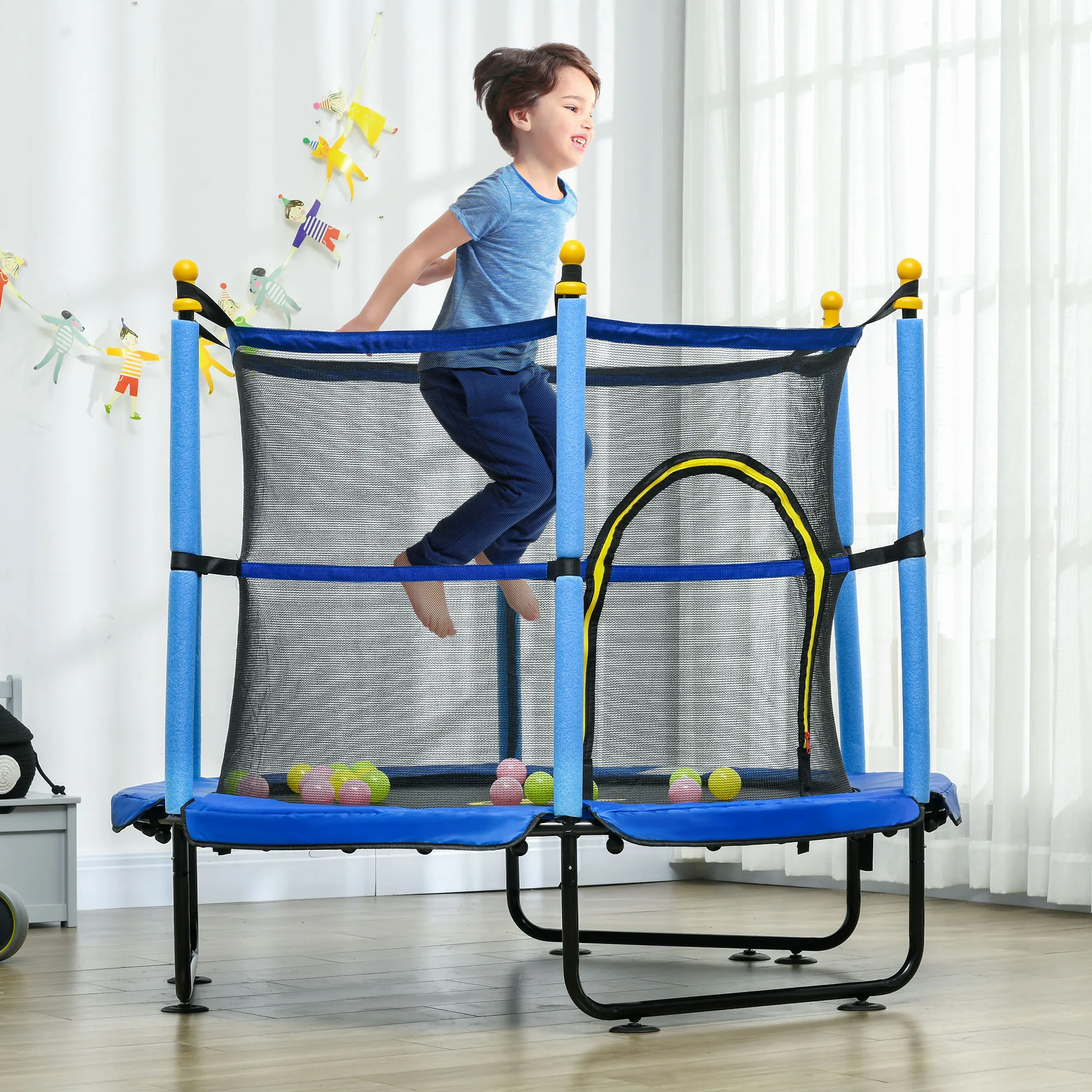 Qaba 4.6' Trampoline for Kids, 55 Inch Toddler Trampoline with Safety Enclosure & Ball Pit for Indoor or Outdoor Use, Built for