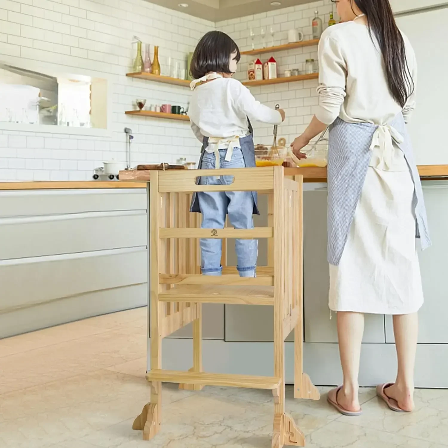 Ayudante de taburete de cocina, torre de pie plegable Montessori para niños pequeños con riel de seguridad, ayudante Ideal de altura ajustable para