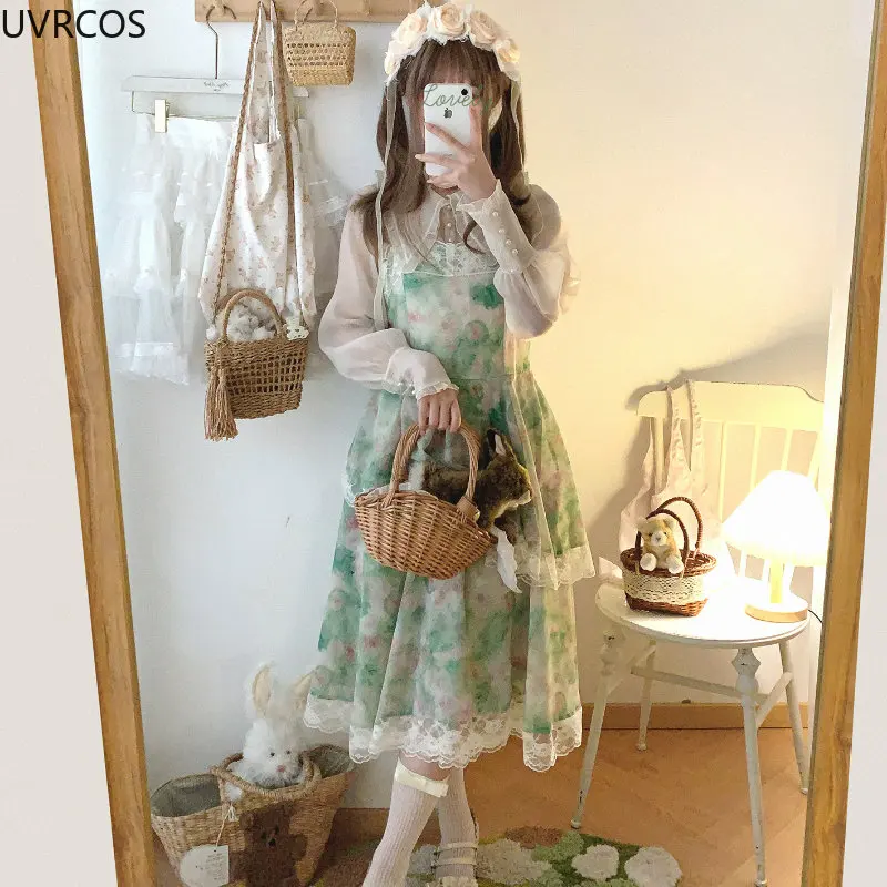 Summer Sweet Green Tie-dyed Flower Print Lolita Dress Women Kawai Lace Chiffon Irregular Sling Dress Cute Sleeveless Party Dress