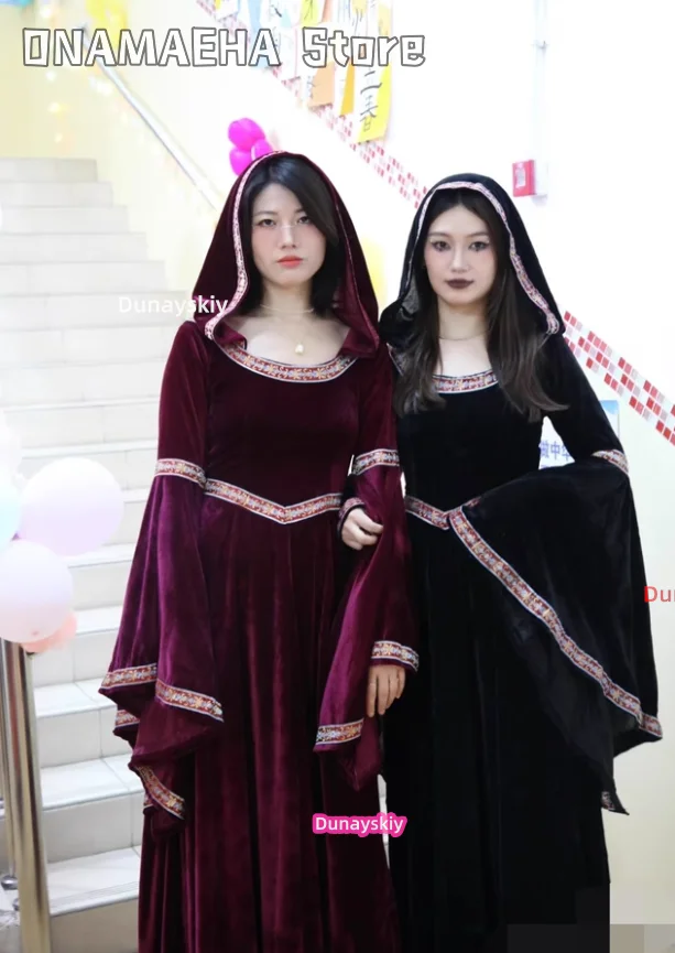 

Halloween Gothic Hoodie Witch Cosplay 코스프레 Medieval Retro Women's Dresses Long Skirt Halloween Vampire Adult Role-play Suits