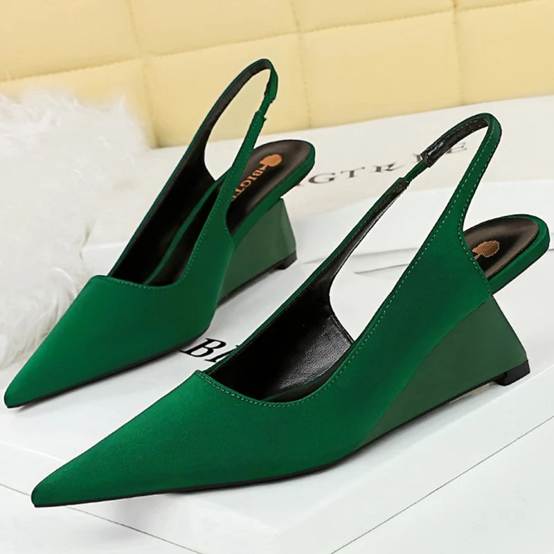 BIGTREE Korean Women Orange Green 6.5cm High Heels Wedges Slingback Sandals Designer Pointed Toe Back Strap Pumps Party Shoes