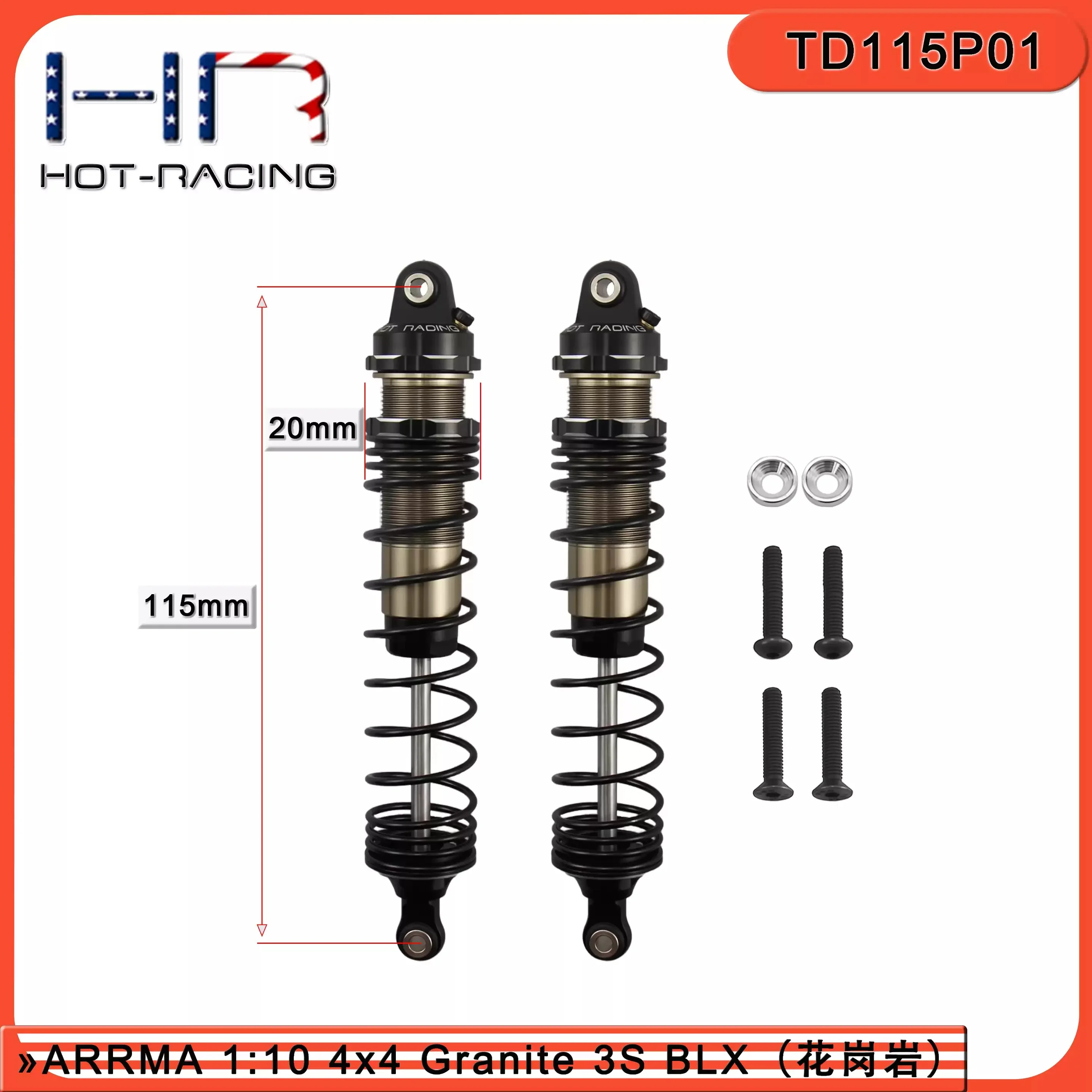 HR ARRMA 1:10 Granite aluminum alloy 115MM rear shock absorber with a pair of shock brackets designed to prevent detachment