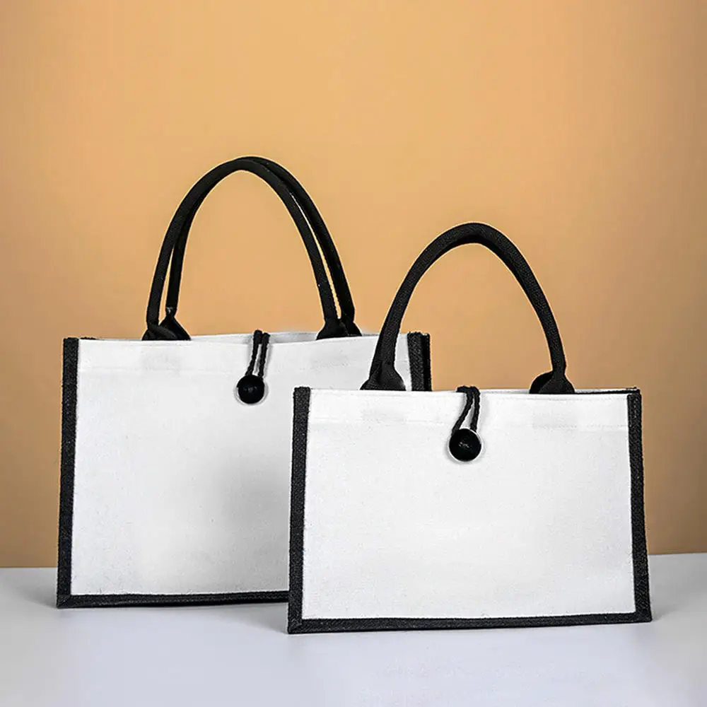 Black/White Jute Tote Bags Women Shopping Handbag Burlap Bag with Soft Handle Bridesmaid Wedding Party Favors Gift Organizer