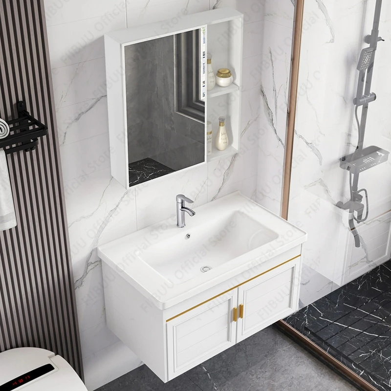 

White Luxury Wall Mounted Bathroom Vanity Set With Integrated Sink Basin Mirror Cabinet Combo For Bathrooms Storage Organized