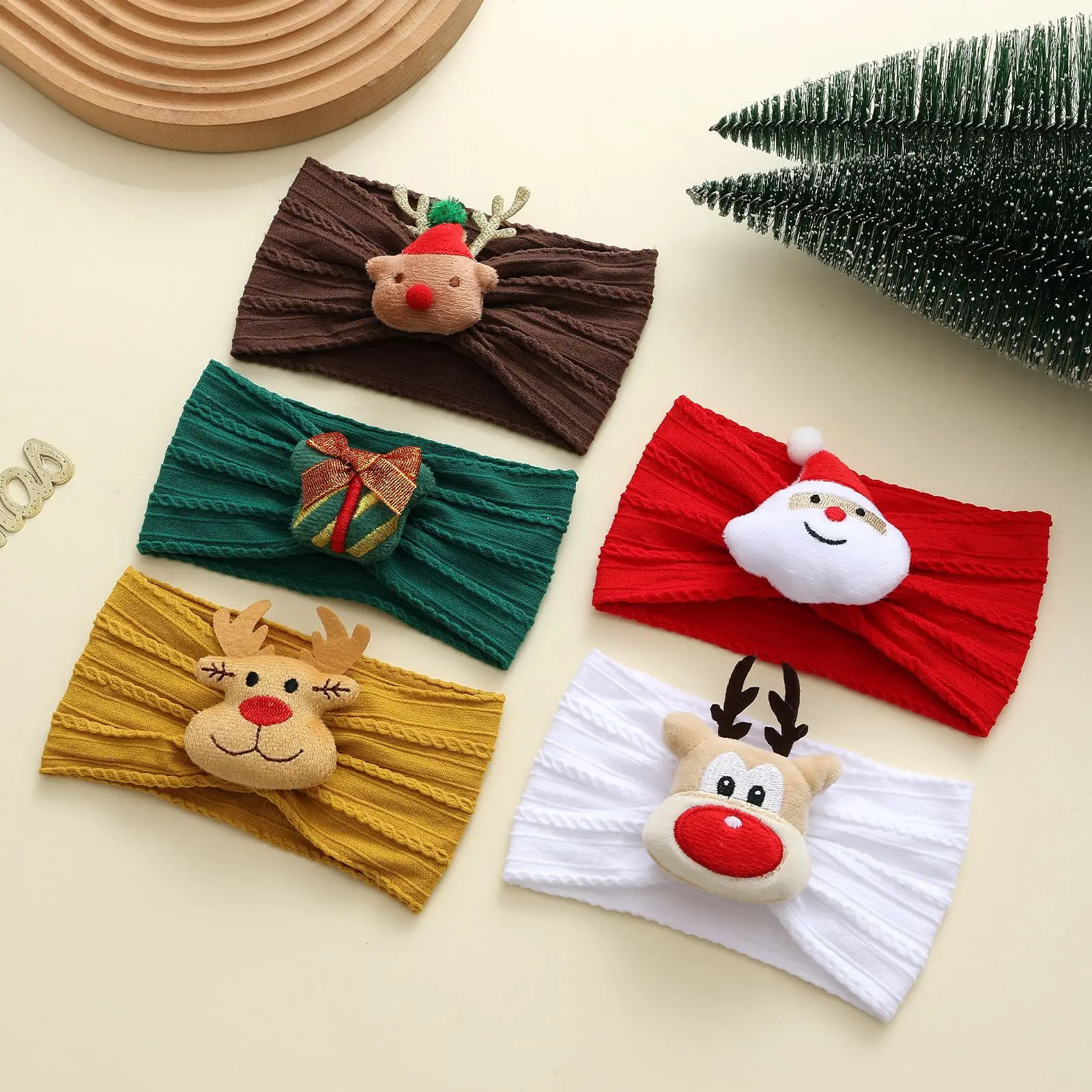 

Girls Cable Knit Reindeer Santa Head Wraps Christmas Turban Children Xmas Party Headwear Festive Cable Knit Headbands for Kids