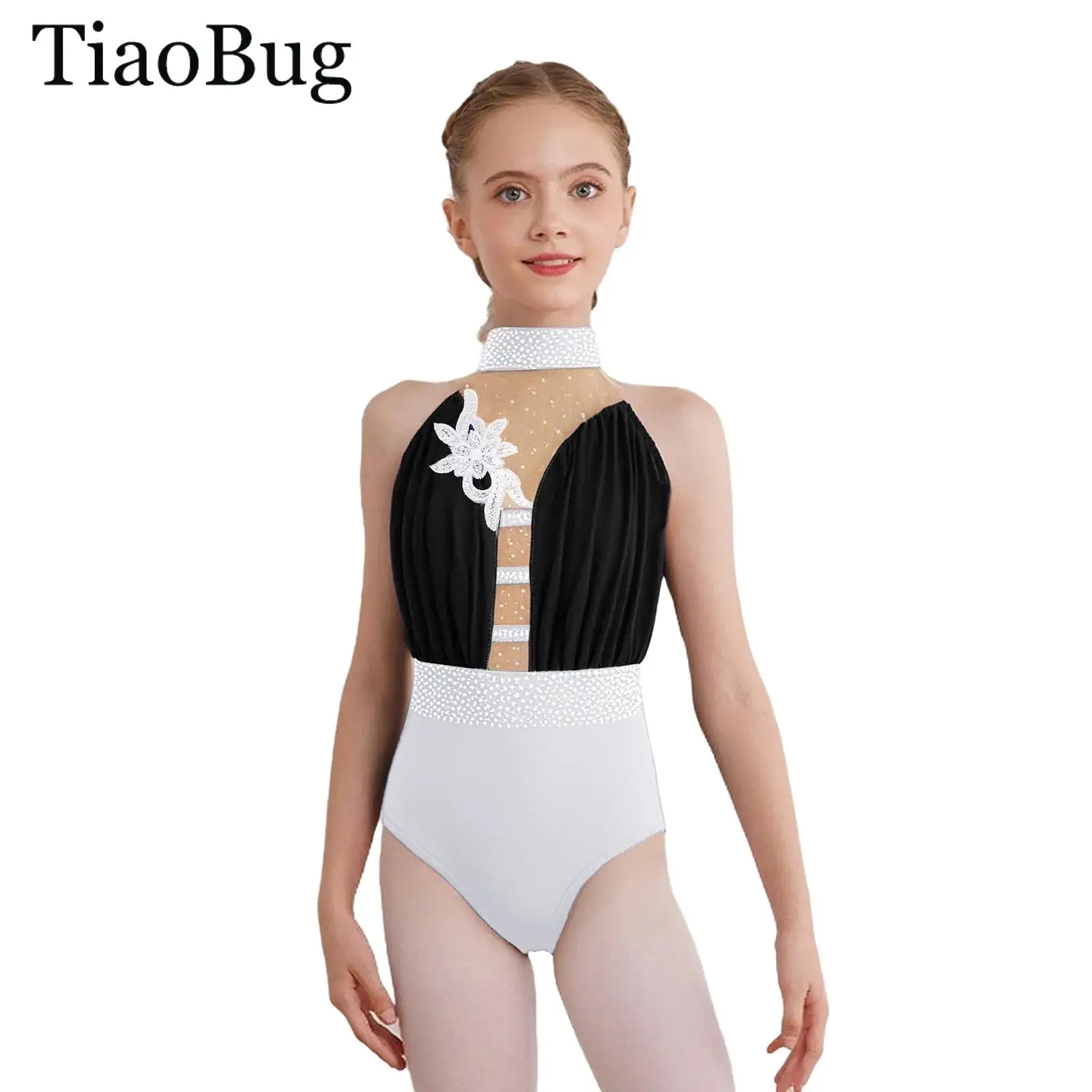 

Teen Girls Gymnastics Leotard Sleeveless Sheer Mesh Figure Skating Bodysuit Applique Rhinestones Ballet Jersey Unitards Costume
