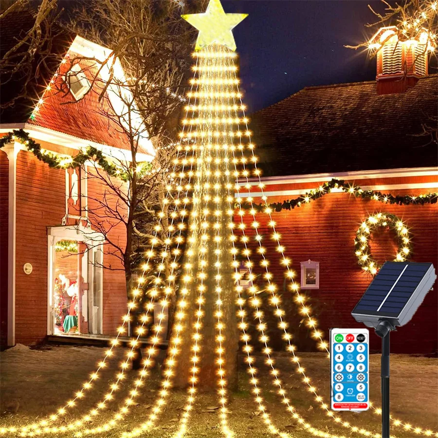 9 Strands 3M Solar Christmas Decoration Waterfall String Light Outdoor 288LED Christmas Star Tree Light Solar Fairy String Light