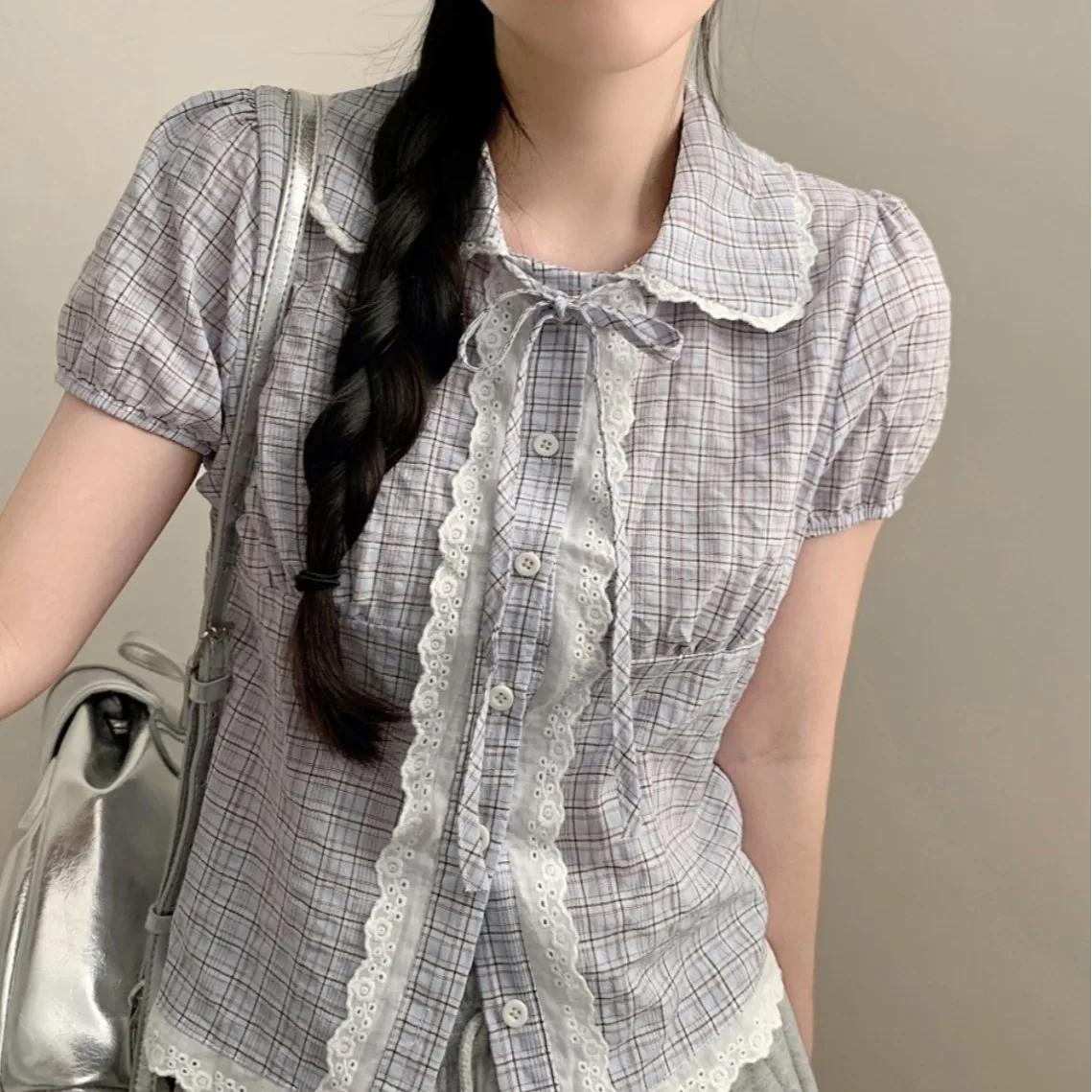 

2026 New Chic Korean Style Women's Shirt Short Sleeve Plaid Lace Trim Slimming Design Knot Straight Cut Summer Top