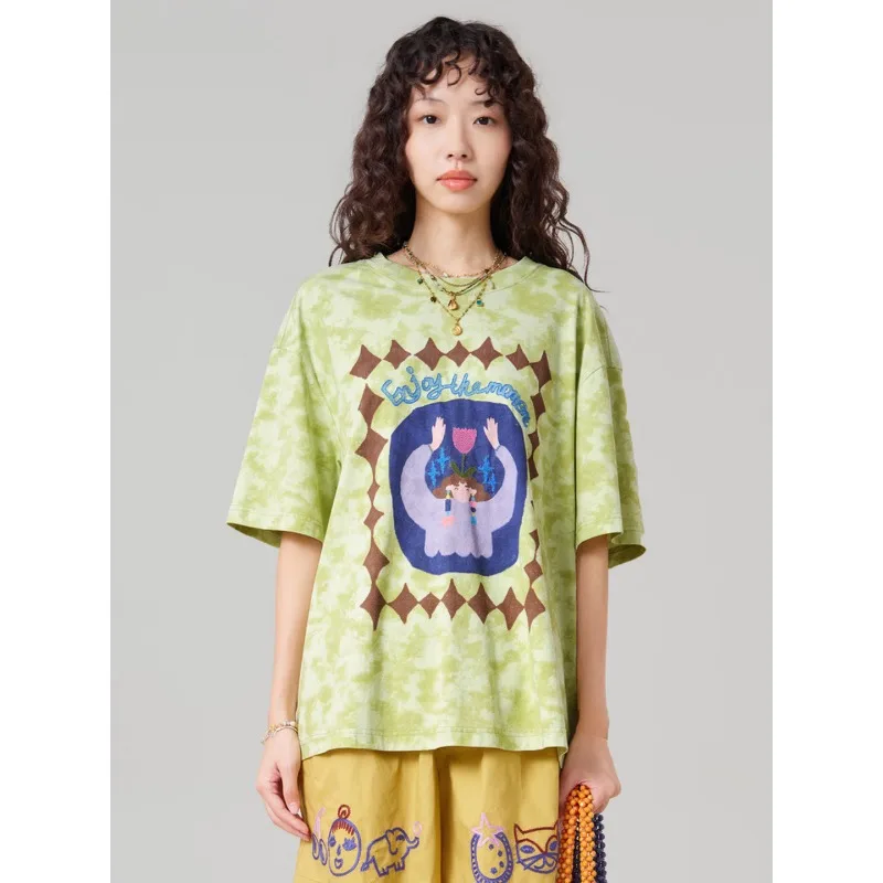 

MOVEUP Short Sleeved Round Neck T-Shirt 2026 Summer New Fun Character Printed Embroidery Oversize T-Shirt For Women 3ELX10599