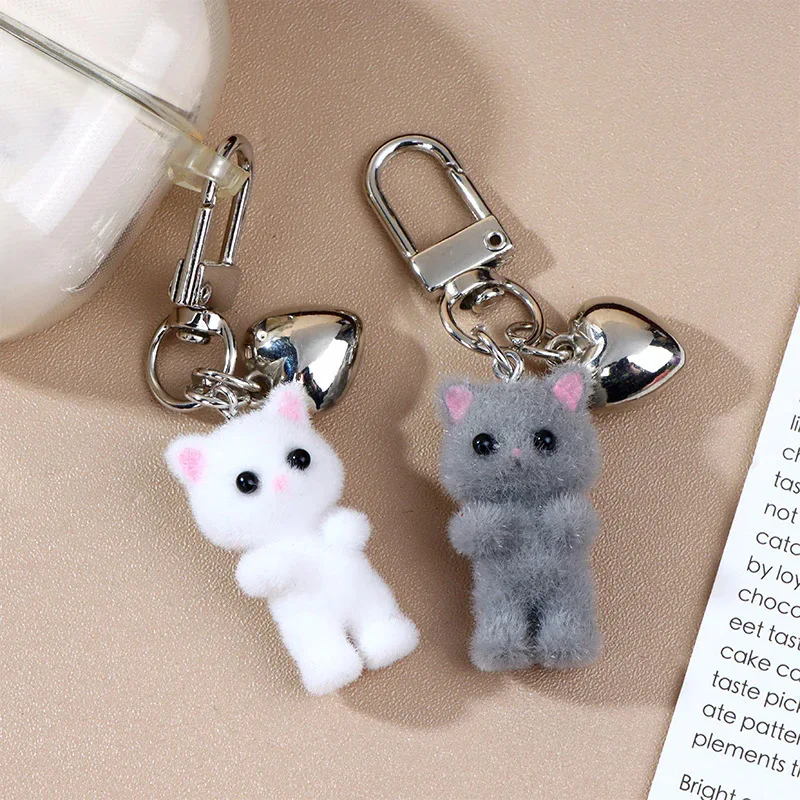 Cute Resin Flocking Cat Keychain 3D Love Bag Pendant for Camera Phone Chain Headphone Case Charm Car Key Ring Jewelry Gifts