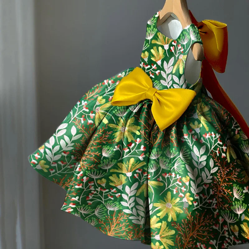 Vestido verde para niña, Brocade satinado, Puff de flores para boda, cumpleaños, vestido de baile nupcial para niño pequeño de 1 a 14 años