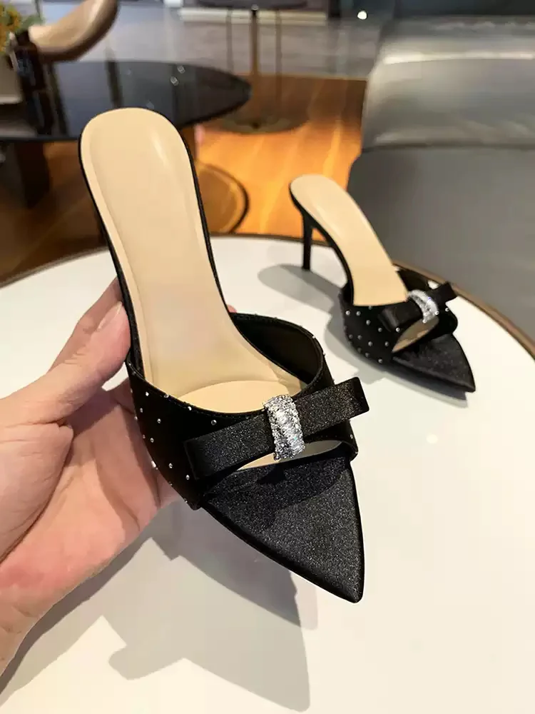 

Women's Satin Rhinestone Bow Pointed Toe Heeled Mules Slip-On Open Toe Stiletto Slide Sandals Elegant Formal Footwear for Partie
