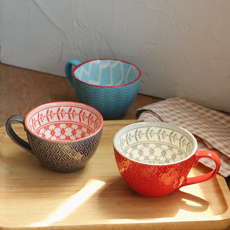 Ceramic Hand Painted Coffee Cup Mug for Tea Teacup Vintage Breakfast Cups Cafe Embossed Colorful Handpainted