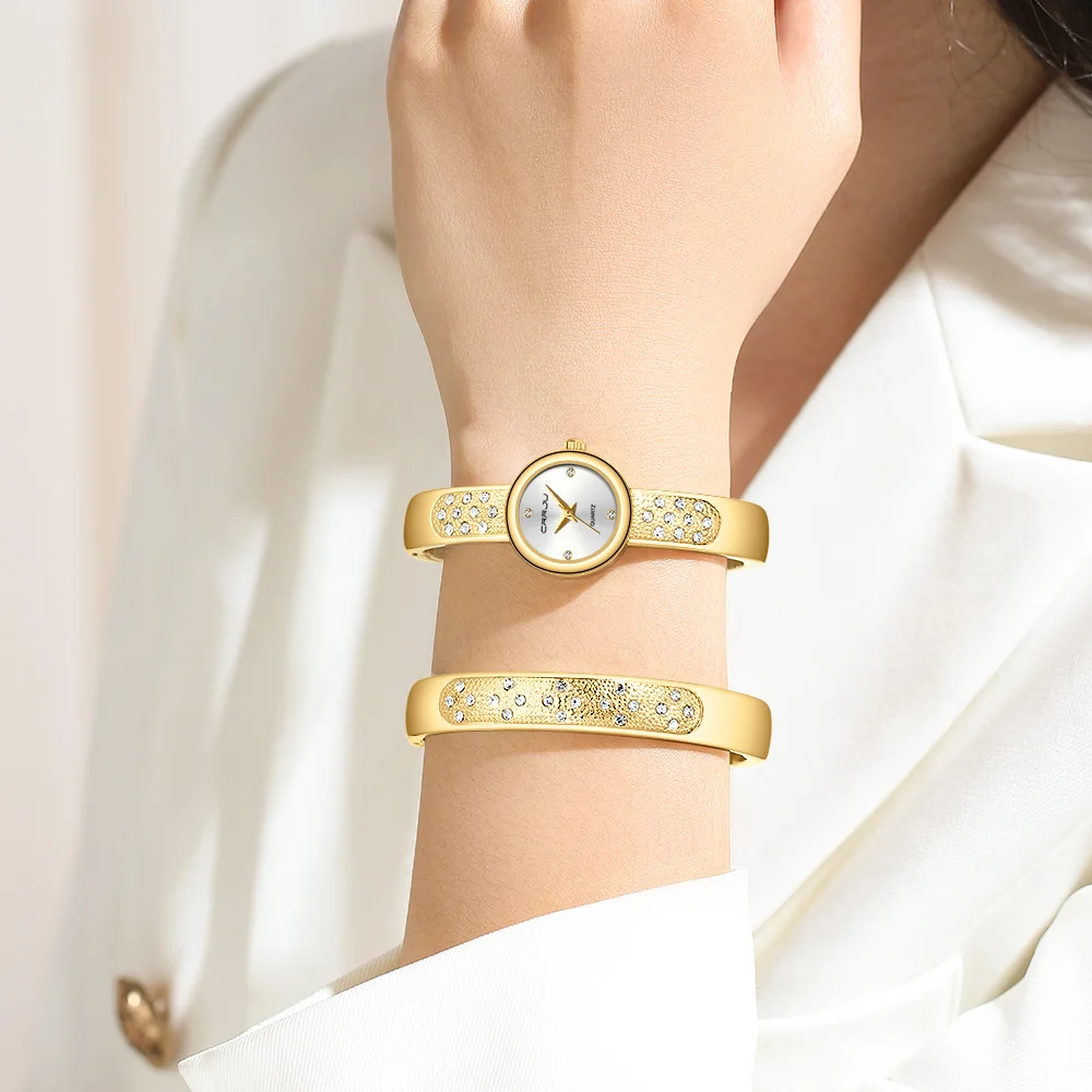 CRRJU Gold Elegance Quartz Women's Watch with Diamond-Embellished Dial & Matching Bracelet 2 Piece Set