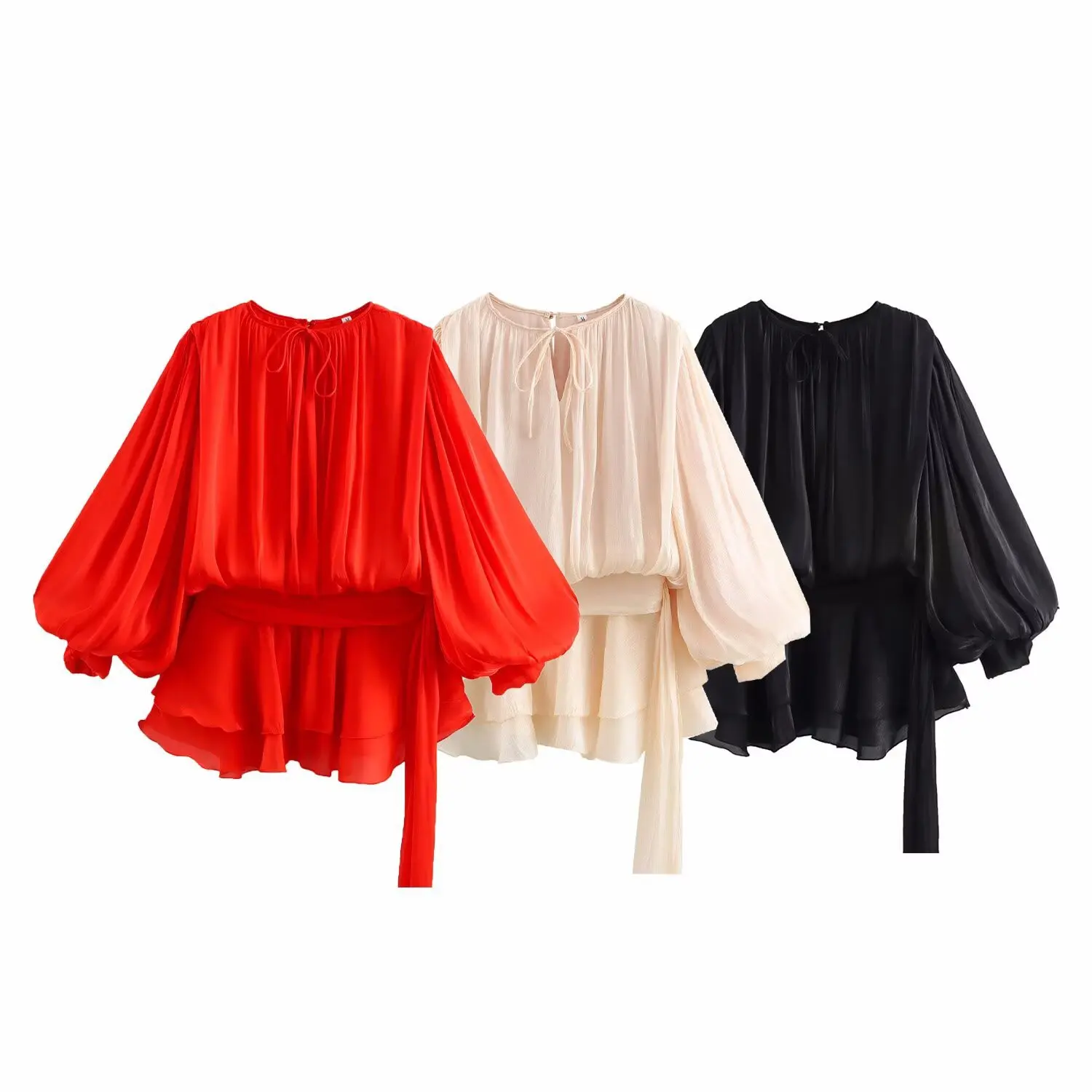 Doorschijnende mesh-jurk met klokmouwen en ingebouwde shorts Lente zwierige korte jurk Boheemse jurk met strikband Hoog-laag zoom 2025, zomer