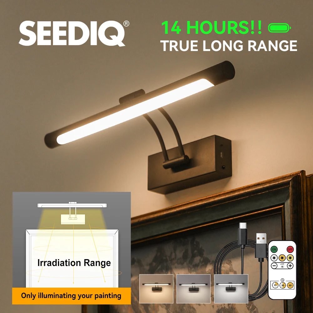 SEEDIQ Led Wall Light Battery Powered Rechargeable Type-C 5V Wireless Wall Lamp inside Remote Control Dimming Wall Sconce Black