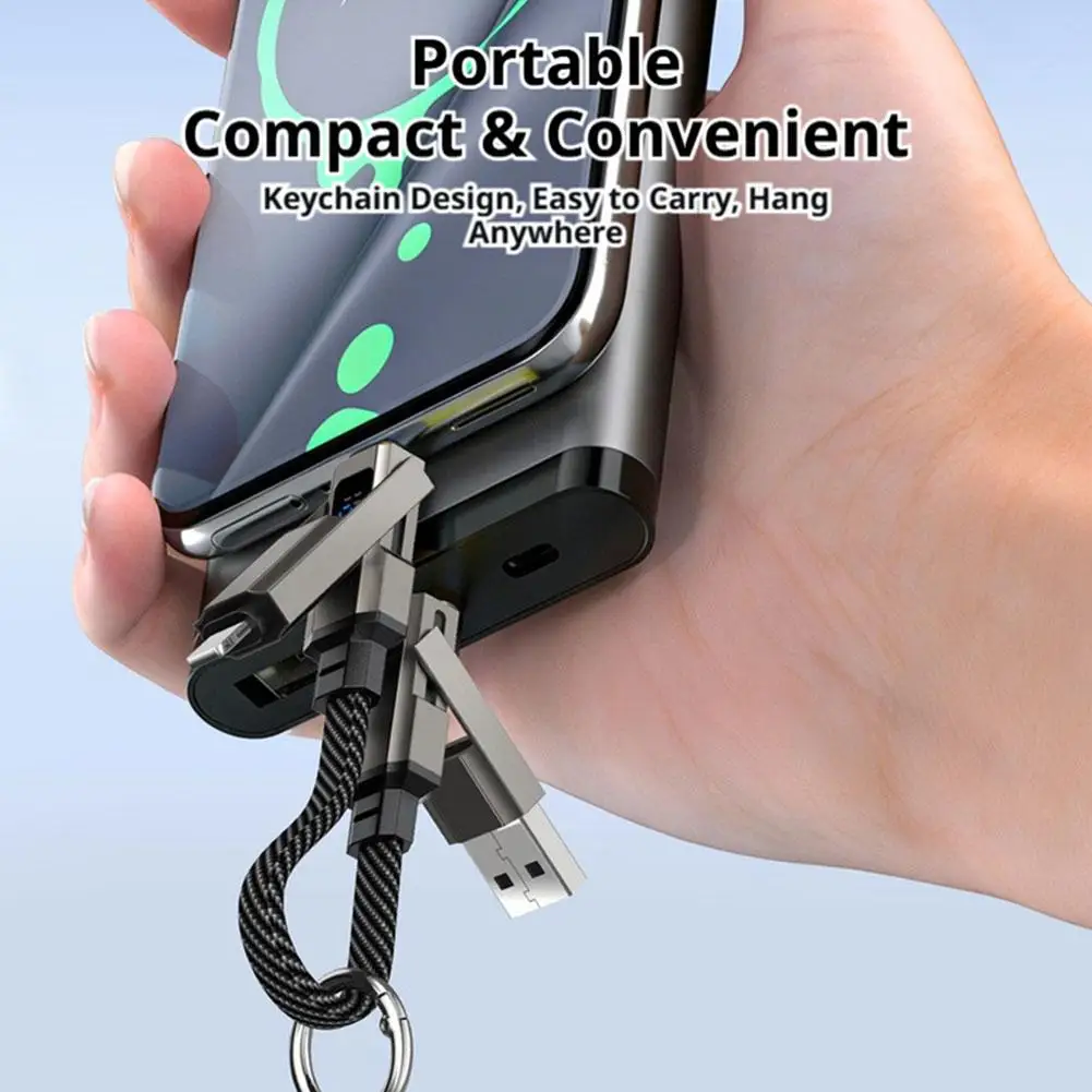 4 In 1 Digital Display Braided Data Cable Keychain With LED Smart Display For IPhone And Android Phones 65W Super Fast Charging