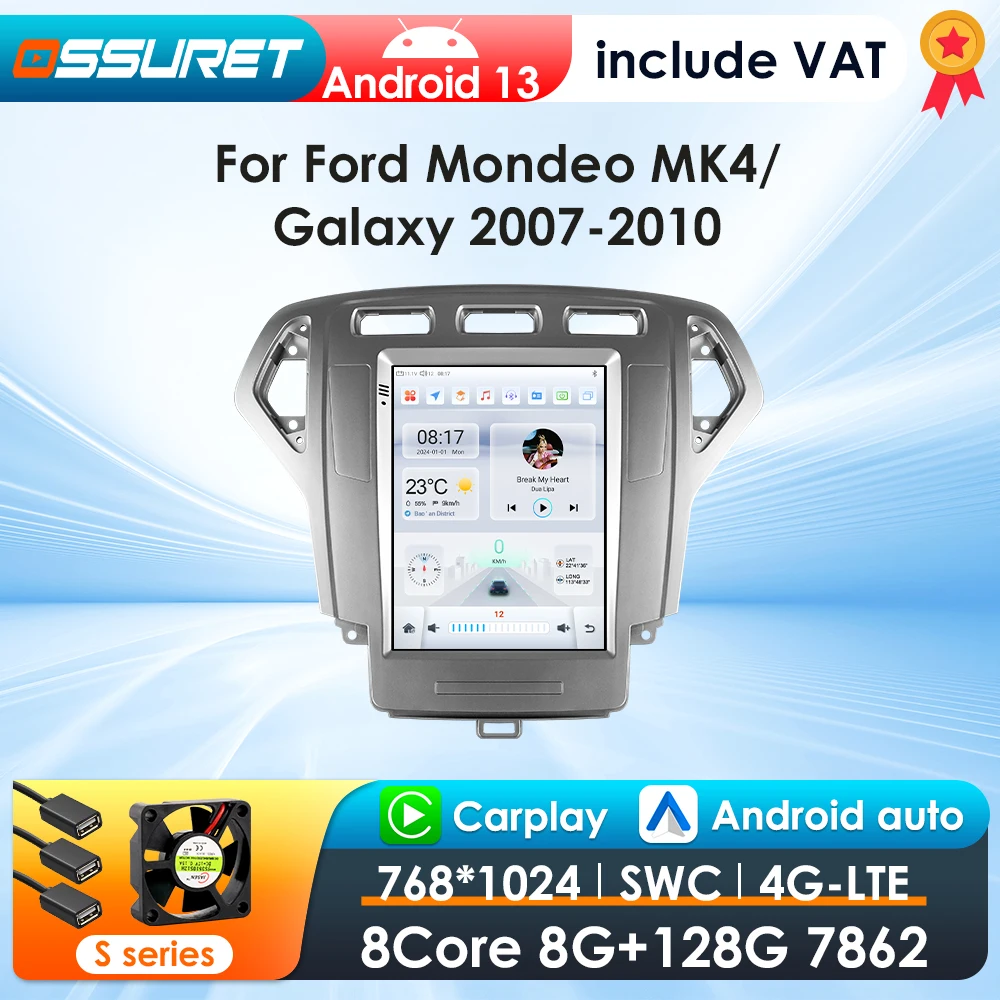 OSSURET 9,7 Zoll 2 DIN Android 13 Autoradio für Ford Mondeo mk4 Galaxy A/C 2007–2010 Multimedia Stereo Vertikaler Bildschirm Carplay