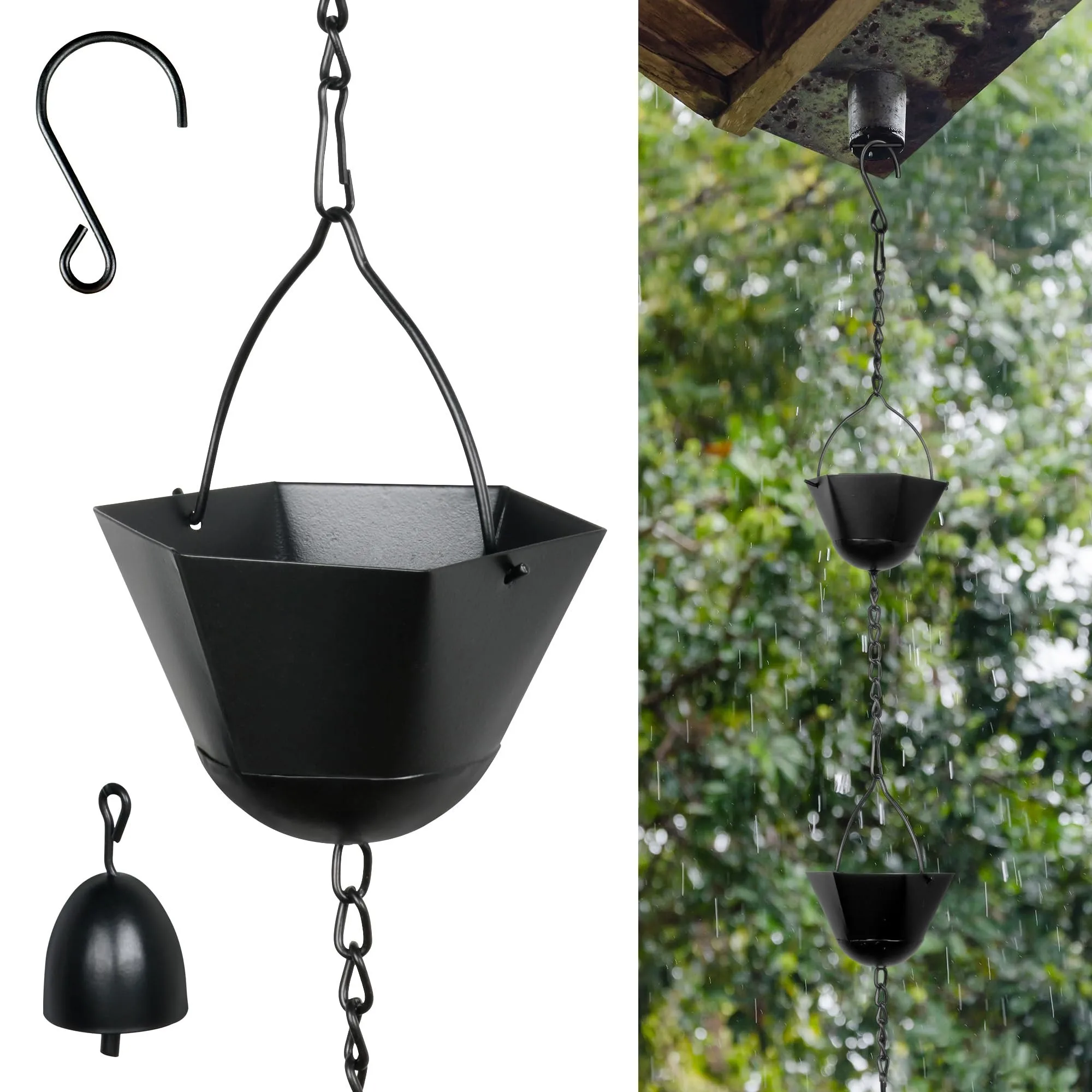 12.5 ft Adjustable Black Rain Chain with 12 Cups, Outdoor Rain Catcher, Downspout Replacement for Eaves and Gutter Drainage