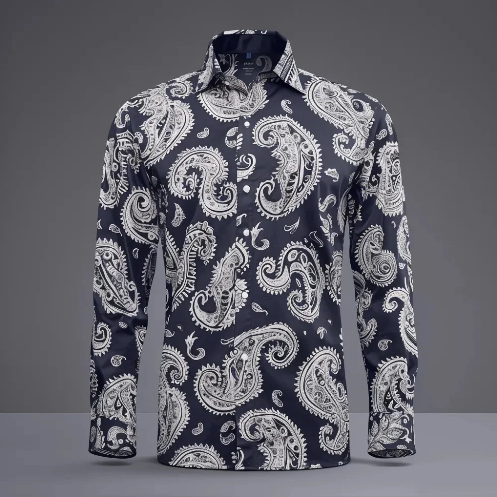 New men's high-quality patterned artistic print long-sleeved shirt, casual men's lapel button-down shirt, fast shipping