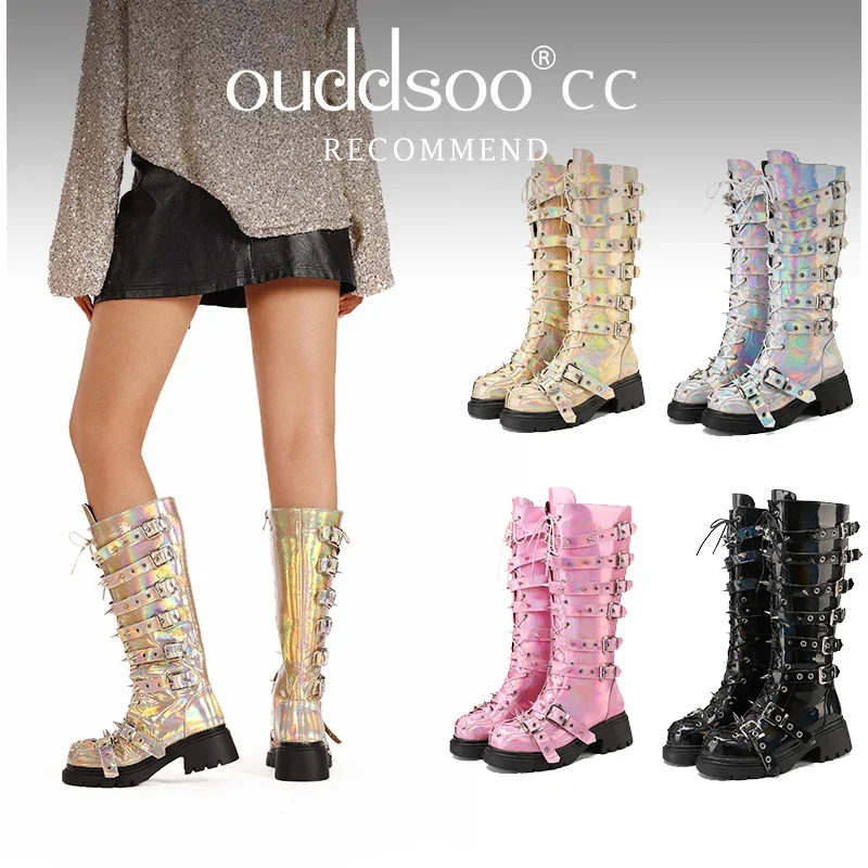 Ods Colors Punk Style Long Boots Women Increased Height Slimming Effect Dazzling Rivets Motorcycle Boots Silver Gold Pink 414243