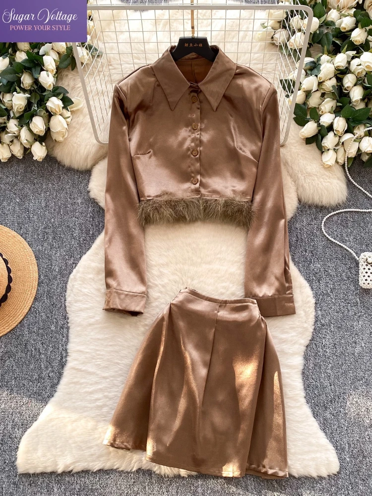 

Французская мода Роскошный комплект из 2 предметов Женская тонкая рубашка с длинными рукавами и блестящими лацканами + юбка с высокой талией Элегантный шикарный вечерние офисный наряд