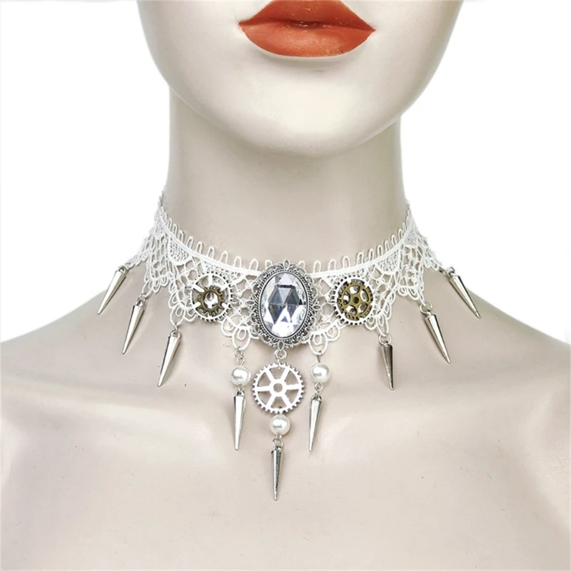 New Victorian Lace Collar Necklace with Rivets and Gears Decorative Crafts