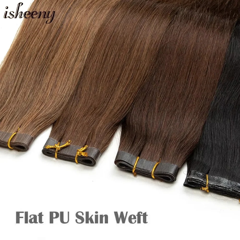 Ishenny PU لحمة شعر مسطحة 12 16 20 بوصة حقيقي طبيعي بني داكن مستقيم حزم شعر بشري طويل لا شعر مستعار للنساء