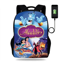 Plecak Disney Aladdin chłopcy dziewczęcy tornister nastolatek torby na książki mężczyźni kobiety plecak podróżny USB plecak Mochila