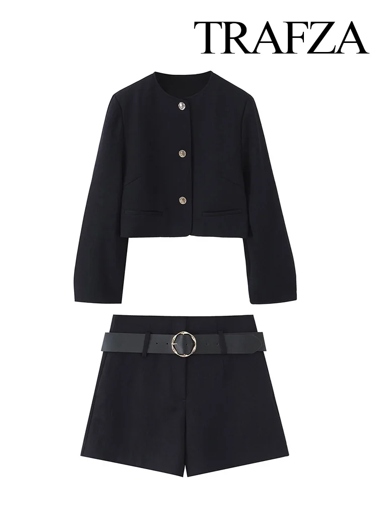 

TRAFZA Women Solid Elegant Golden Single-breasted Long Sleeve Round Collar Short Blazer+Loose Pockets Wear Belt Shorts Suit