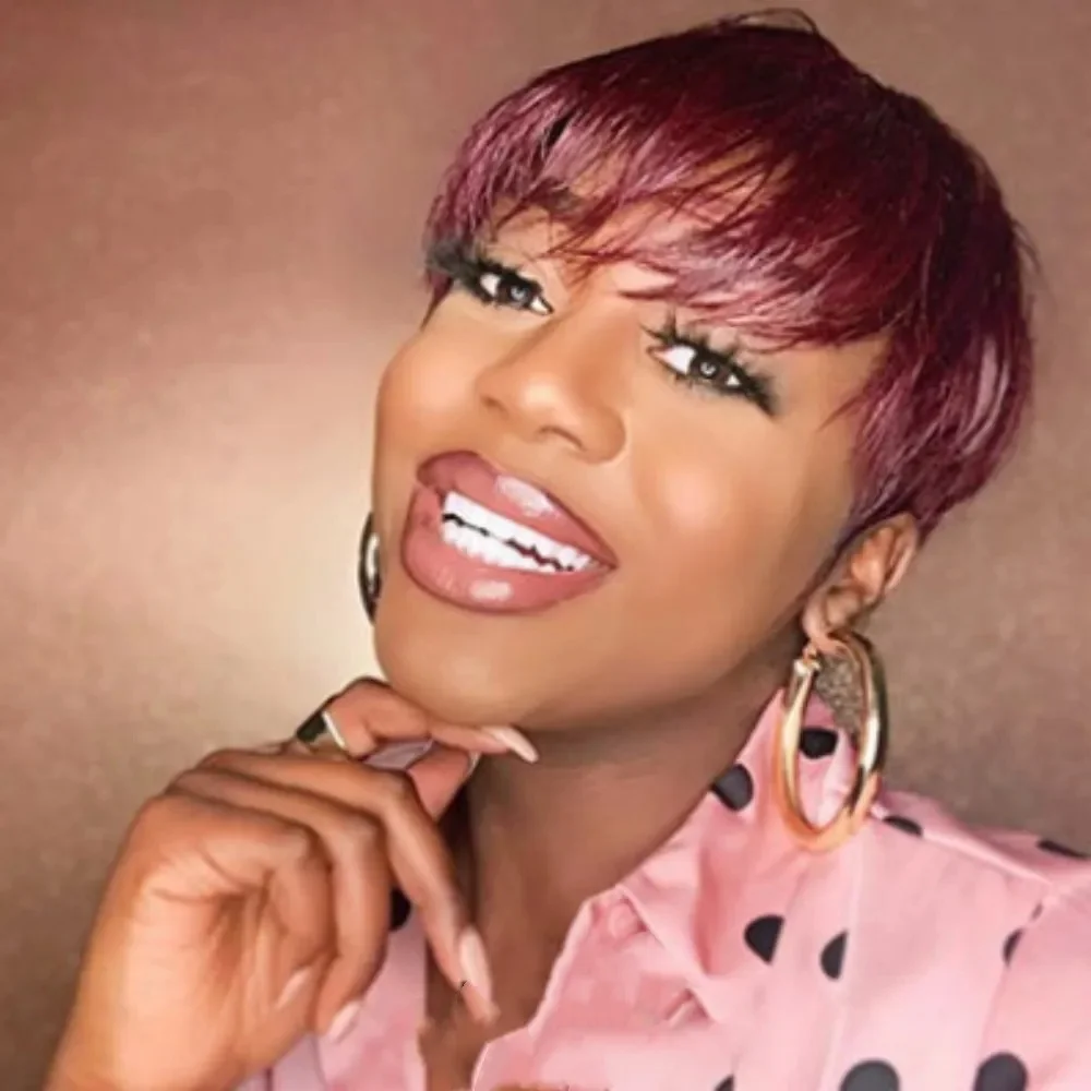 인간의 머리 픽시 컷 여성용 전체 기계 제작 가발 픽시 컷 스트레이트 짧은 밥 가발