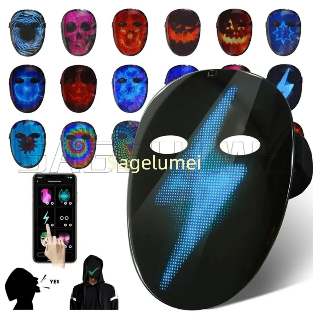 2025NEW Voice Recognition Luminous FullColor Led Mask with Gesture App Control Programmable Face Transforming Light up Halloween