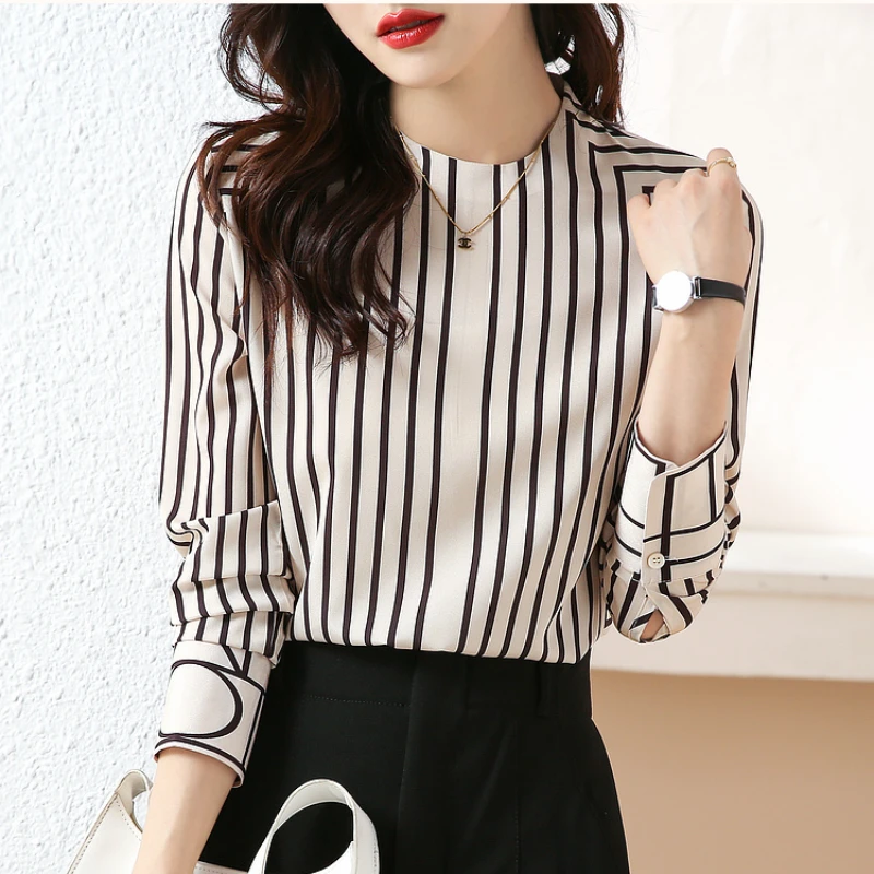 Women\'s Blouses Black White Stripes Top Long Sleeve Autumn Winter Clothes Silk Shirt Commuter Style Overshirt Design Sense 2023