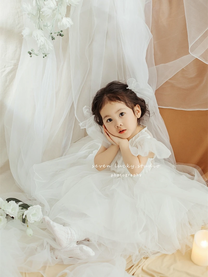 

New childrens photography European style white chiffon dress womens treasure wedding dress series photo clothing 신생아촬영