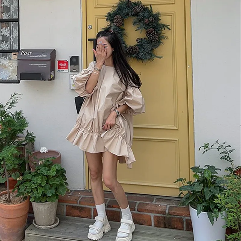 

Casual Short Bubble Sleeve Ruffle Hem round Neck Summer Design Chic Dress Korean Style Loose Fit Casual Dress for Women