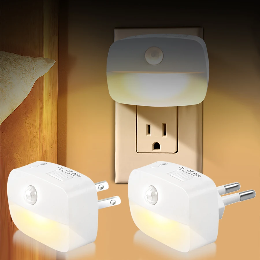 【セール中】モーションセンサー LED アンダーキャビネットライト US/EU プラグ LED ナイトランプキッチン寝室廊下階段食器棚クローゼット 3 色