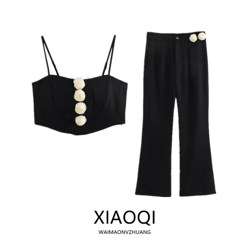 

Summer 2024 Women's High Waist Versatile Two-Piece Set Floral 3D Design Strap Pants Outfit for Faionable Ocns